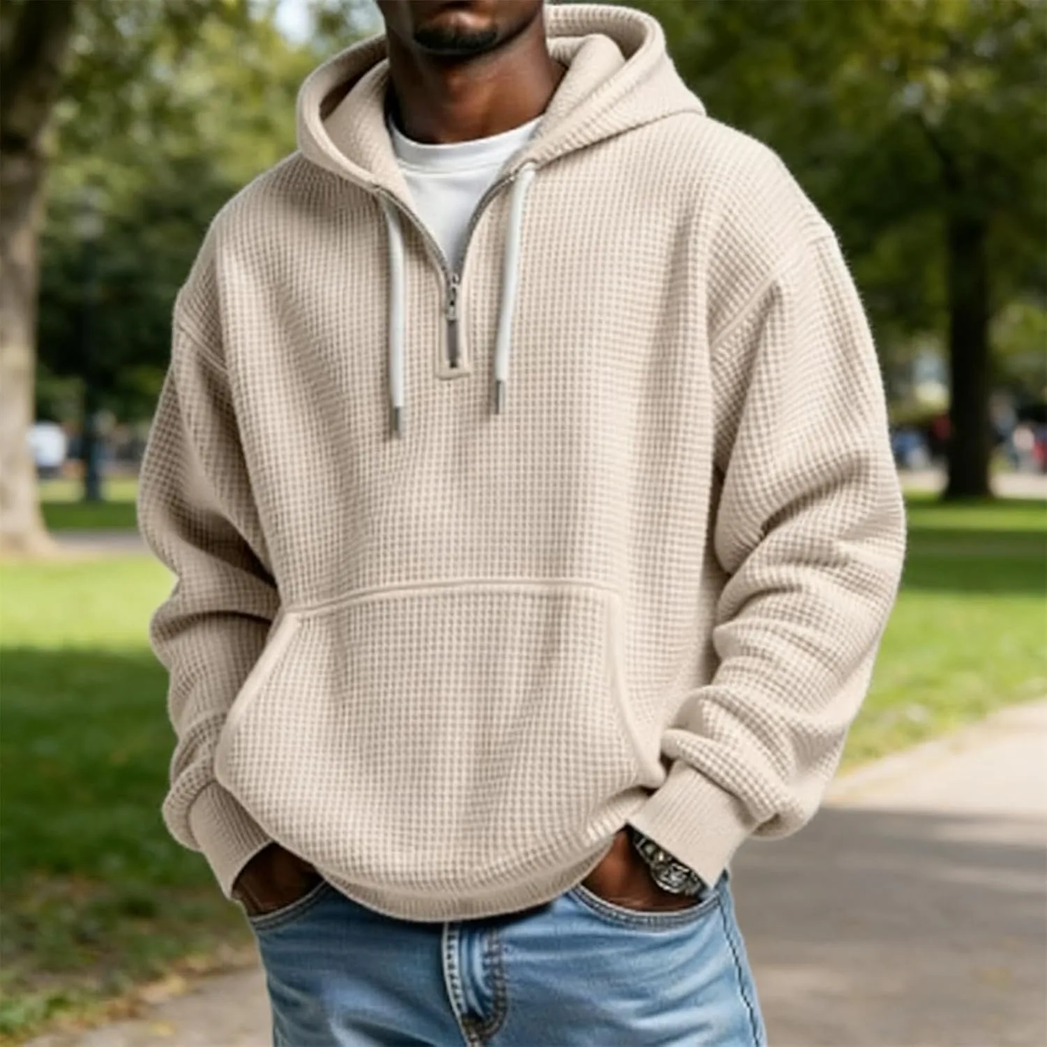 Мужская худи с принтом Quarter Zip Waffle Knit, свободный крой — фото 2