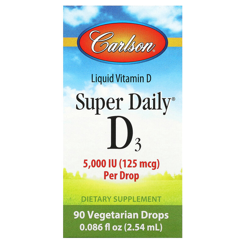 

Carlson, Super Daily, D3, 125 мкг (5000 МЕ), 2,54 мл (0,086 жидк. Унции)