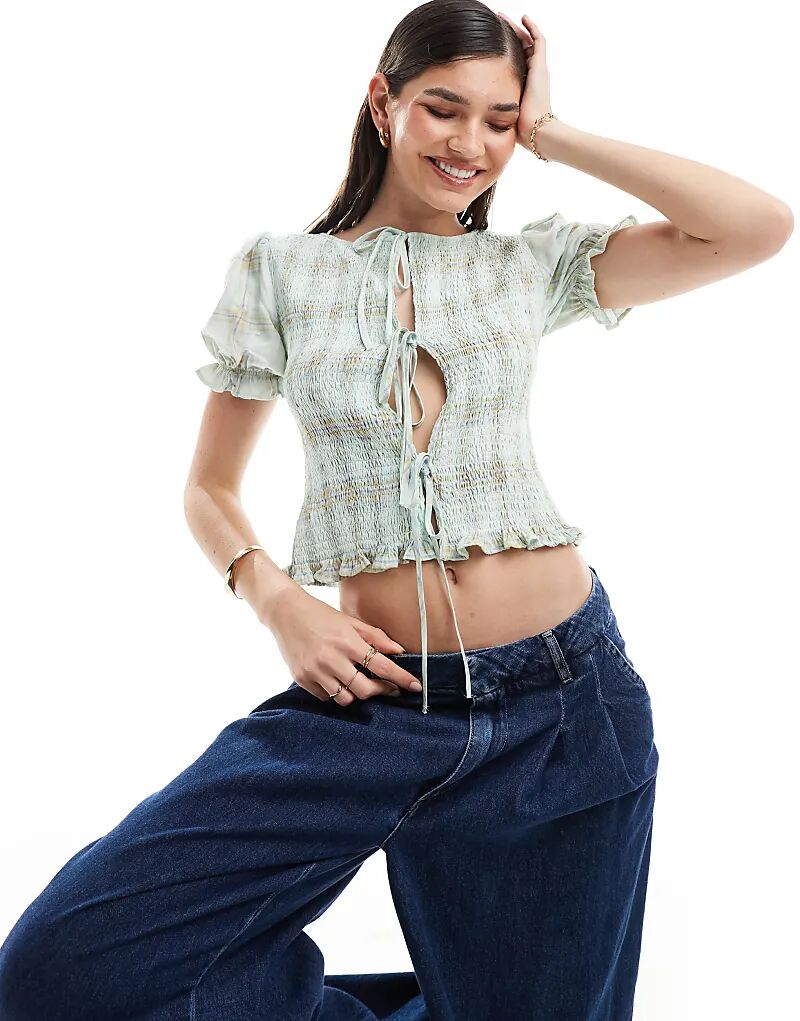 

Топ с присборенными рукавами-фонариками и завязками спереди в зеленую клетку ASOS DESIGN