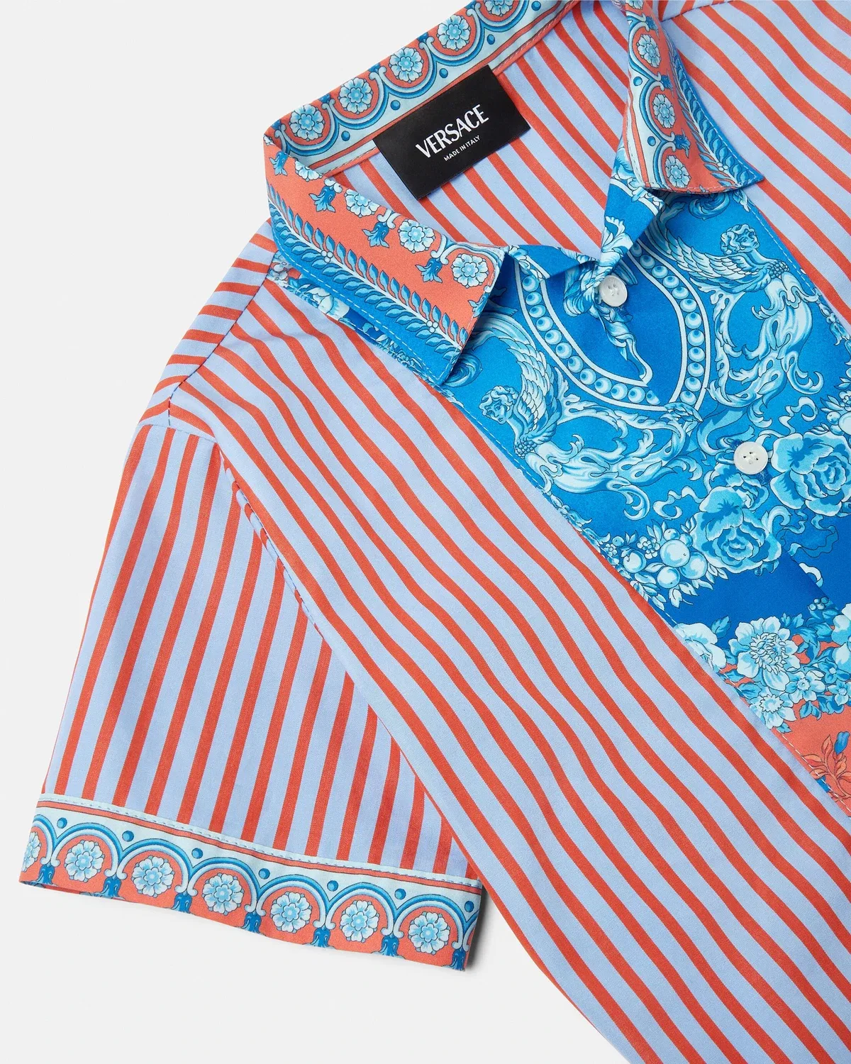 Детская рубашка из хлопкового поплина с принтом и полосками VERSACE, голубой — фото 4