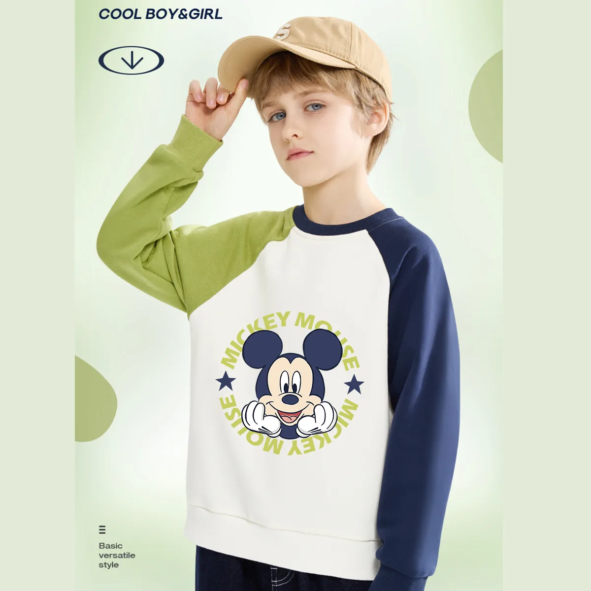 Детская повседневная спортивная футболка с круглым вырезом Disney, Indigo Green Blue+Solid Color Black — фото 3