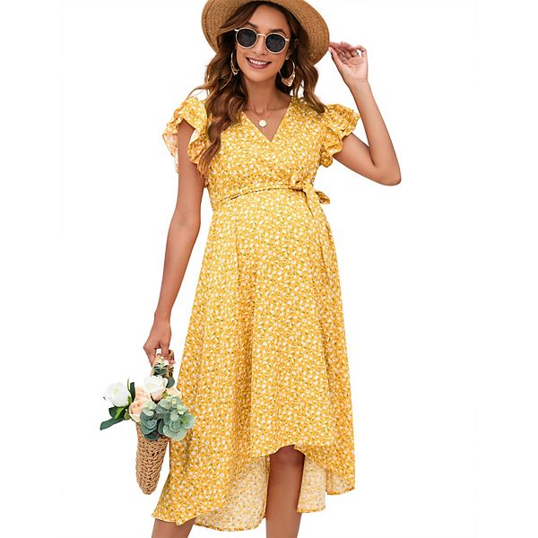 

Женское платье для беременных с V-образным вырезом, рукавами-фонариками и поясом Seoria, Yellow Floral