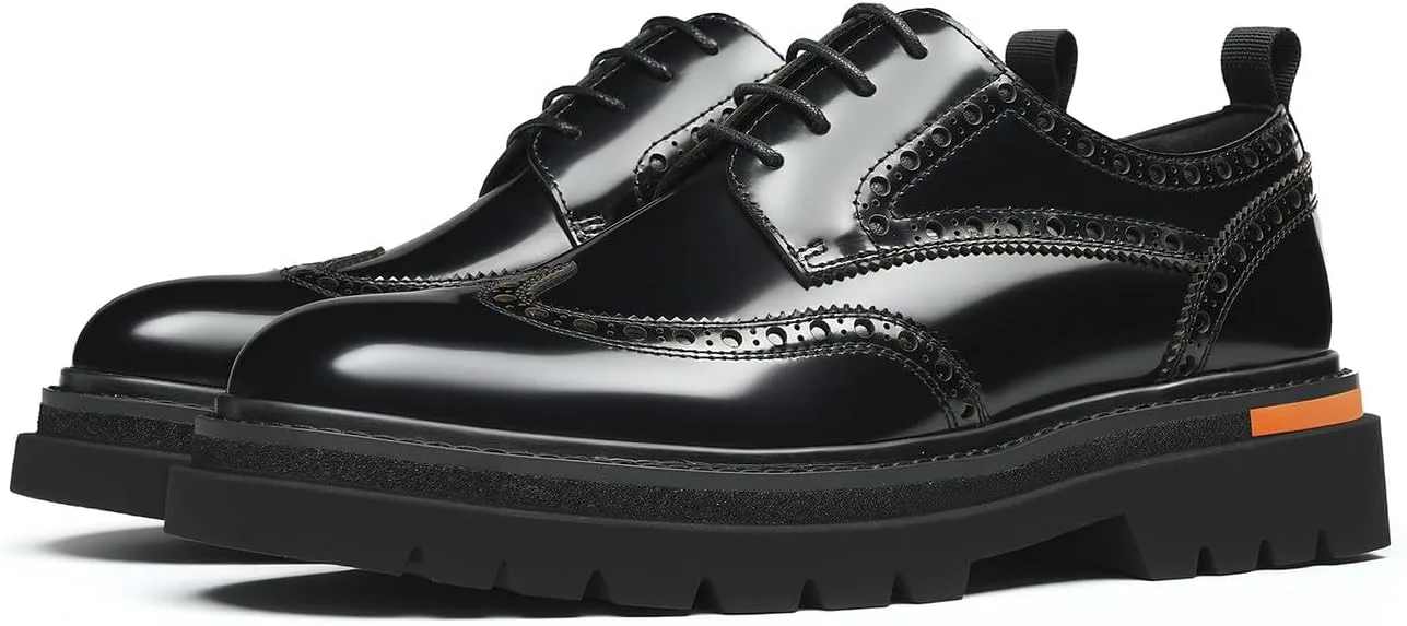 Мужские классические туфли Santimon Wingtip Brogue на шнуровке с грубой подошвой - блестящие дерби из натуральной кожи для повседневного ношения, деловых встреч, выпускного и свадьбы, черный
