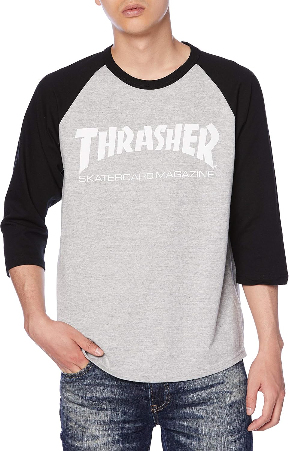 

Мужская футболка-реглан Slasher TH82011 / MAG LOGO 3/4 (с логотипом бренда) Классическая Thrasher, белый/черный/серый