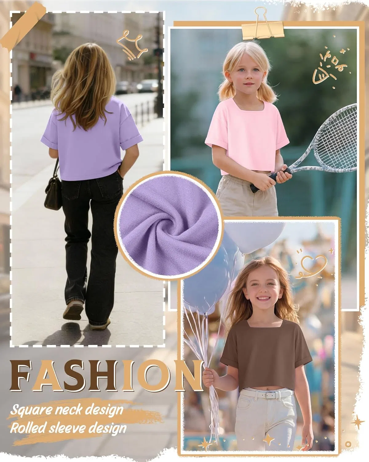 Комплект из 3 детских топов оверсайз с квадратным вырезом LessonZoo, Taro Purple, Light Pink, Mocha — фото 3