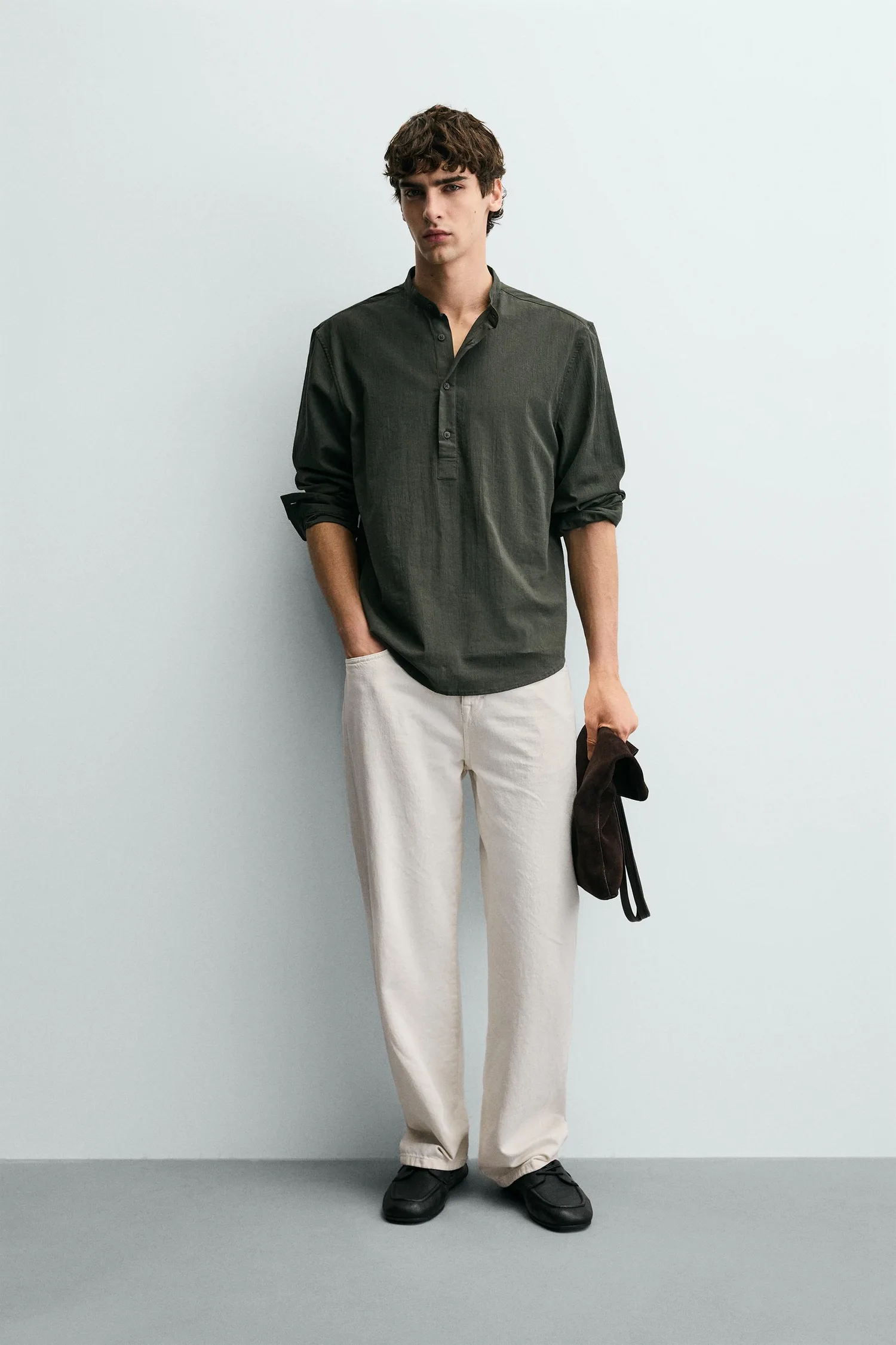 Рубашка с эффектом мятой ткани Zara, темно-хаки