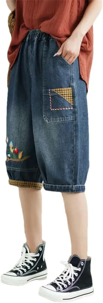 Женские джинсы кроп Vintage Design с эластичным поясом и вышивкой Generic, 1