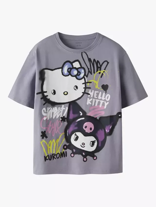 Детская хлопковая футболка с коротким рукавом Hello Kitty, лавандово-серого цвета NAME IT — фото 4