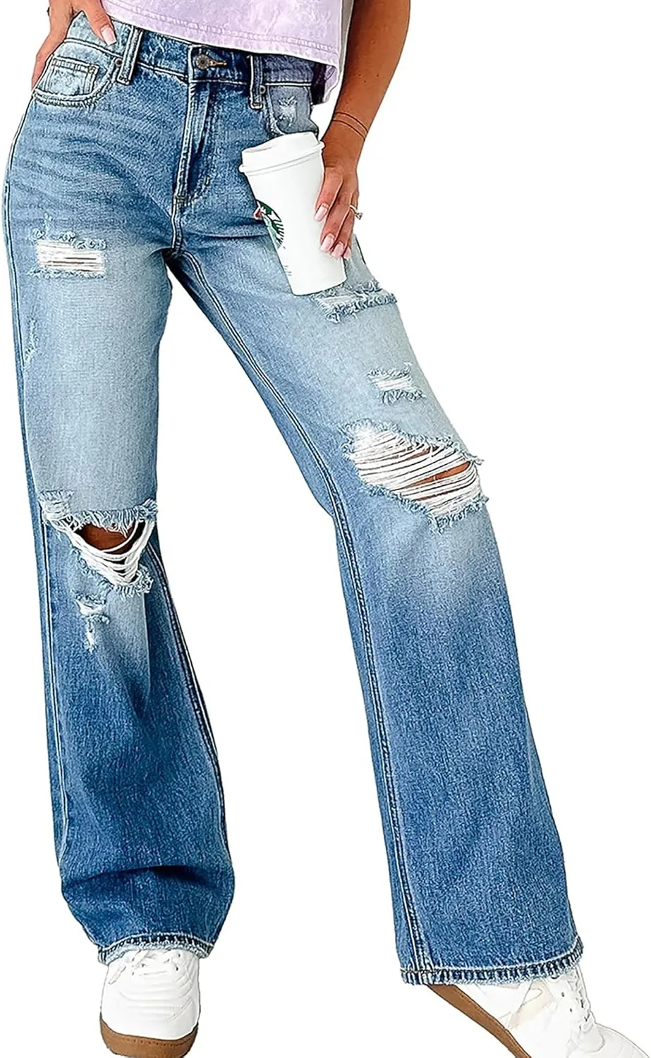 

Женские рваные джинсы прямого кроя High Waisted Stretchy Loose Fit Boyfriend Distressed QLAUYIOE