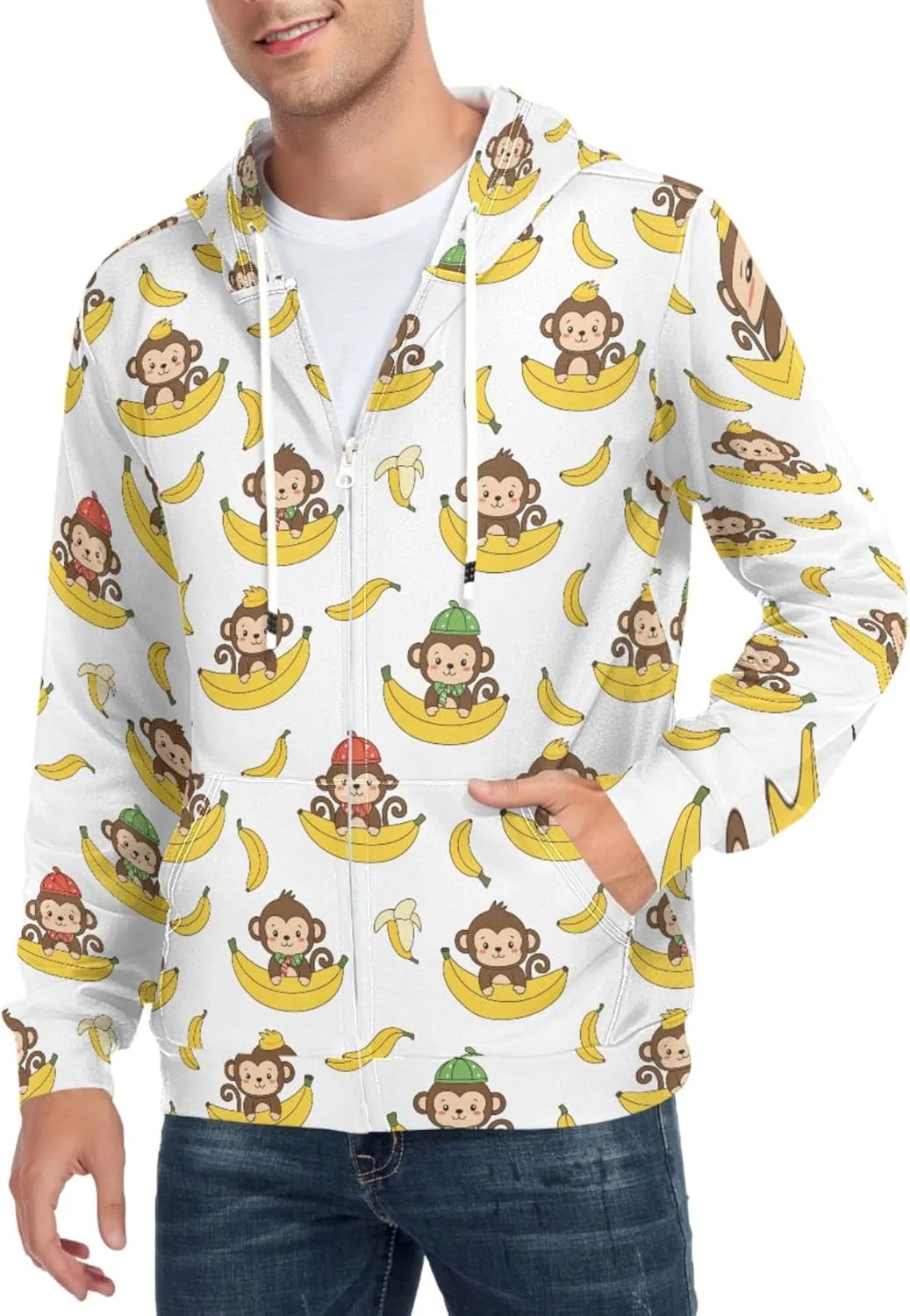 

Мужская толстовка с капюшоном на молнии, принт Monkey Banana, с карманом CUPADA