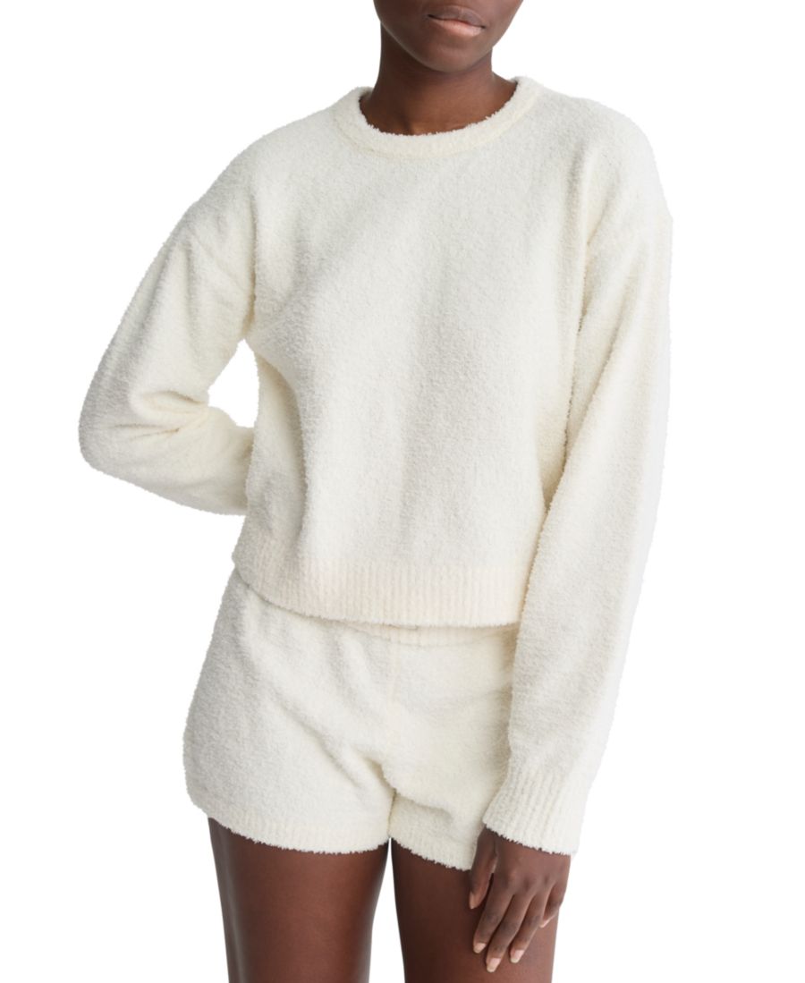 Женская укороченная плюшевая домашняя толстовка - QS7341 Calvin Klein, Ivory — фото 3