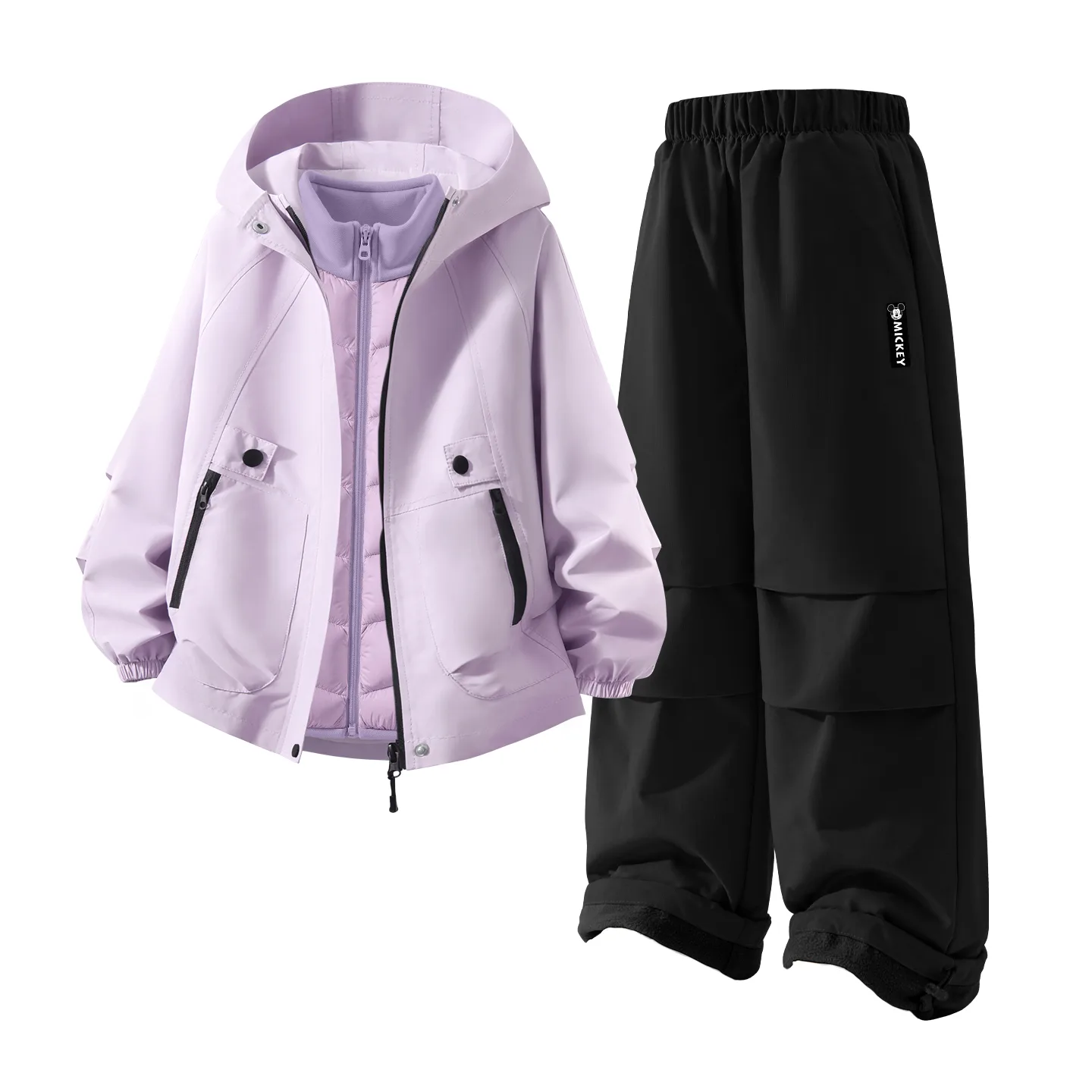 Детский спортивный костюм с круглым вырезом Disney, [Thickened Thermal Three-Piece Set]Solid Color Purple+DiH Long Hook-and-Loop K Black+DiH Square Hook-and-Loop K Purple