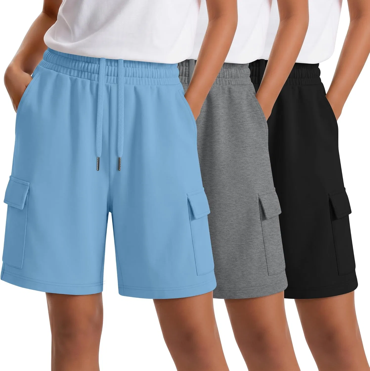 Детские шорты-бермуды карго 3 шт., Ficerd, Sky Blue, Light Heather Gray, Black