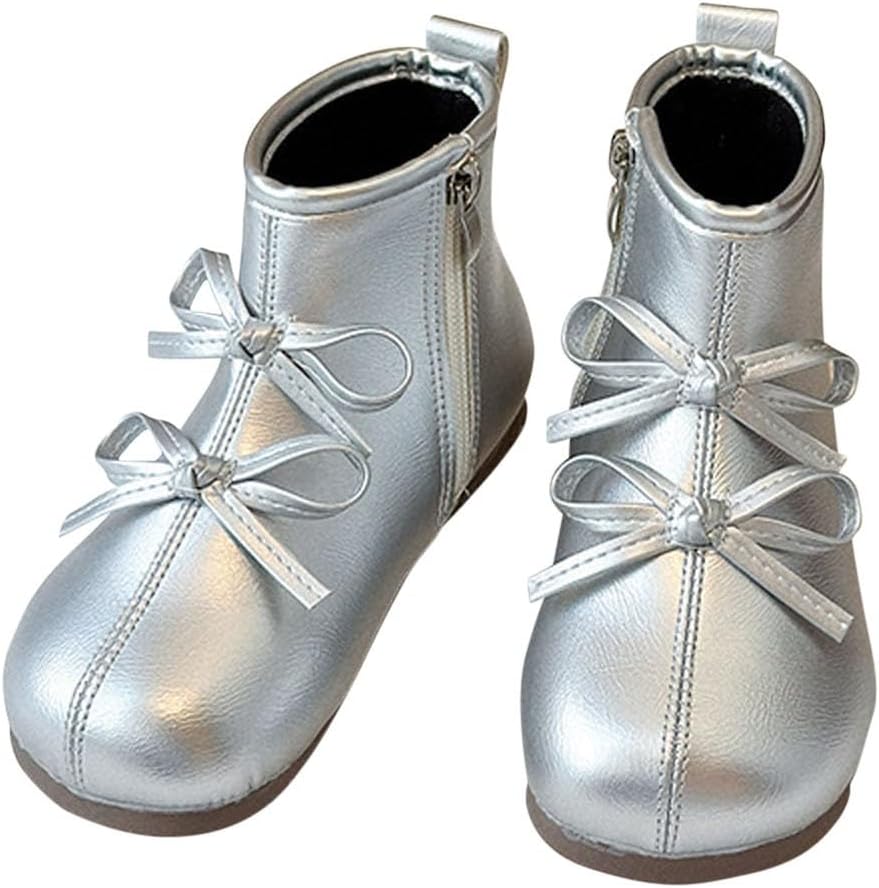 

Девочкам милые короткие ботинки с бантиком, мягкие и удобные, с боковой молнией, модные ботильоны для верховой езды Generic, Silver