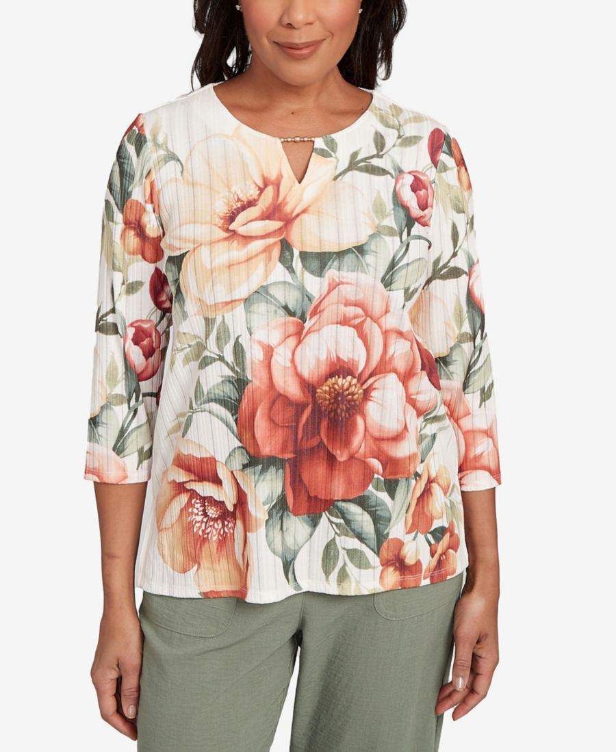 

Миниатюрный топ Copper Canyon с эффектным цветочным принтом и бисерной отделкой Alfred Dunner, Olive Multi