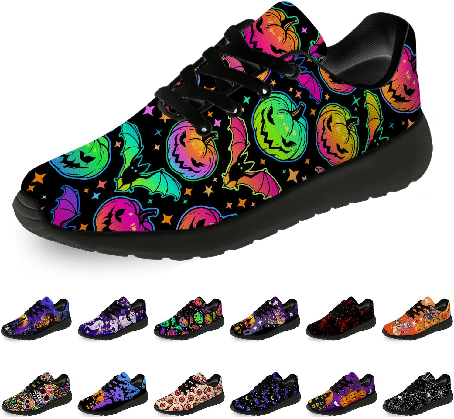 

Кроссовки на Хэллоуин для женщин и мужчин, беговые, для прогулок и тенниса, с изображением тыквы, призрака и летучей мыши, подарки для мальчиков и девочек Horethy, 207multicolor