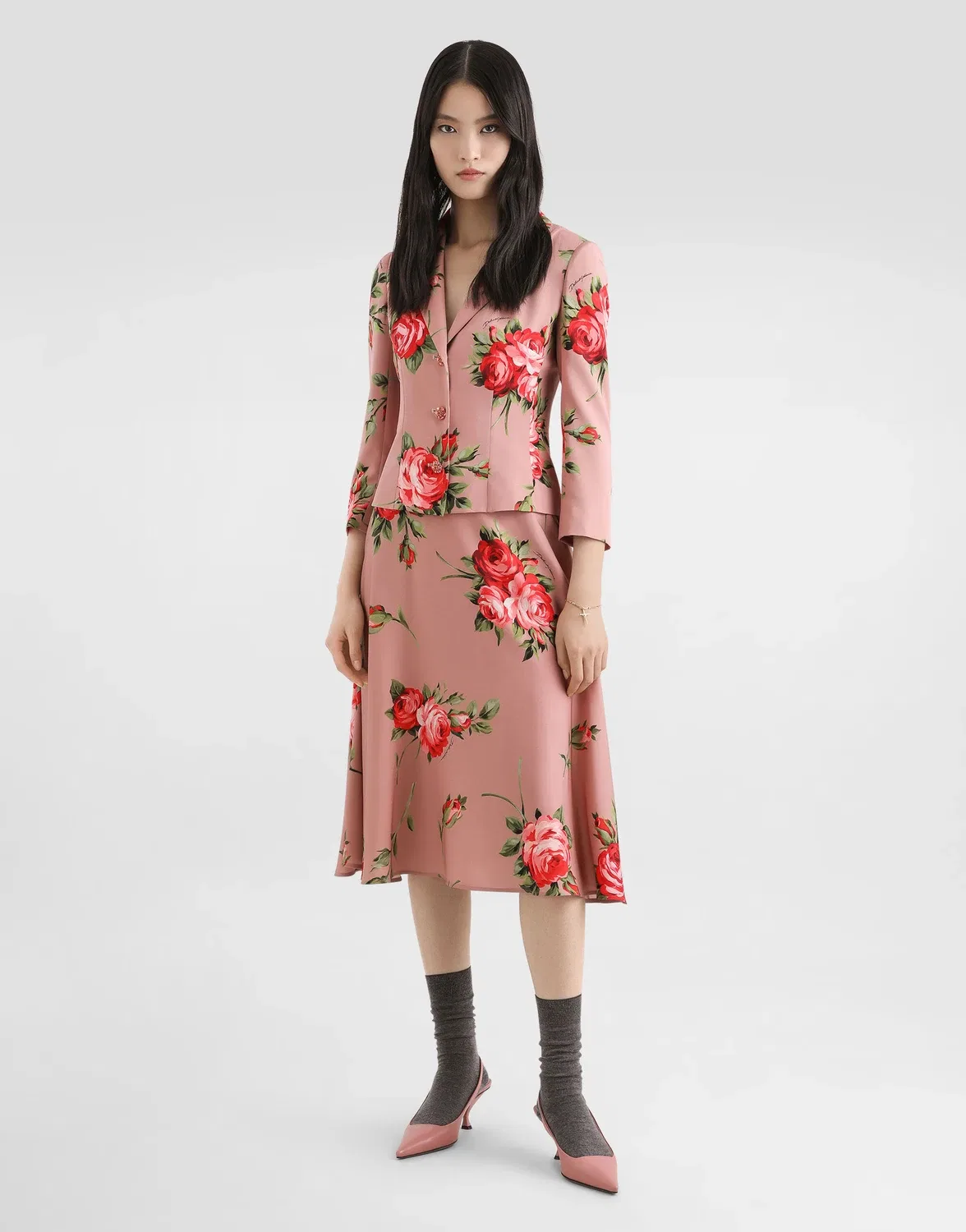 Однобортный жакет из шармеза с принтом розы-букета Dolce & Gabbana, зеленый — фото 2