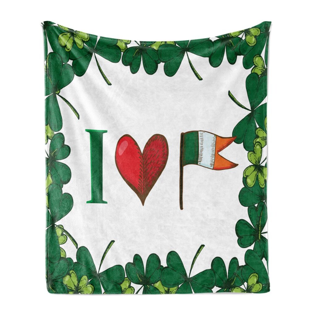 

ABAKUHAUS Мягкое фланелевое флисовое одеяло ко Дню Святого Патрика, I Love Ireland, уютный плюш для использования в помещении и на улице, 125 x 175 см, охотничий зеленый и белый