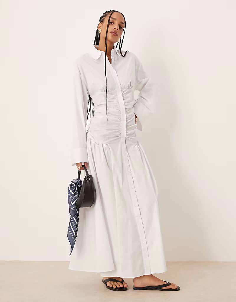 

Платье-рубашка макси ASOS DESIGN с лифом-рюшами и заниженной талией белого цвета