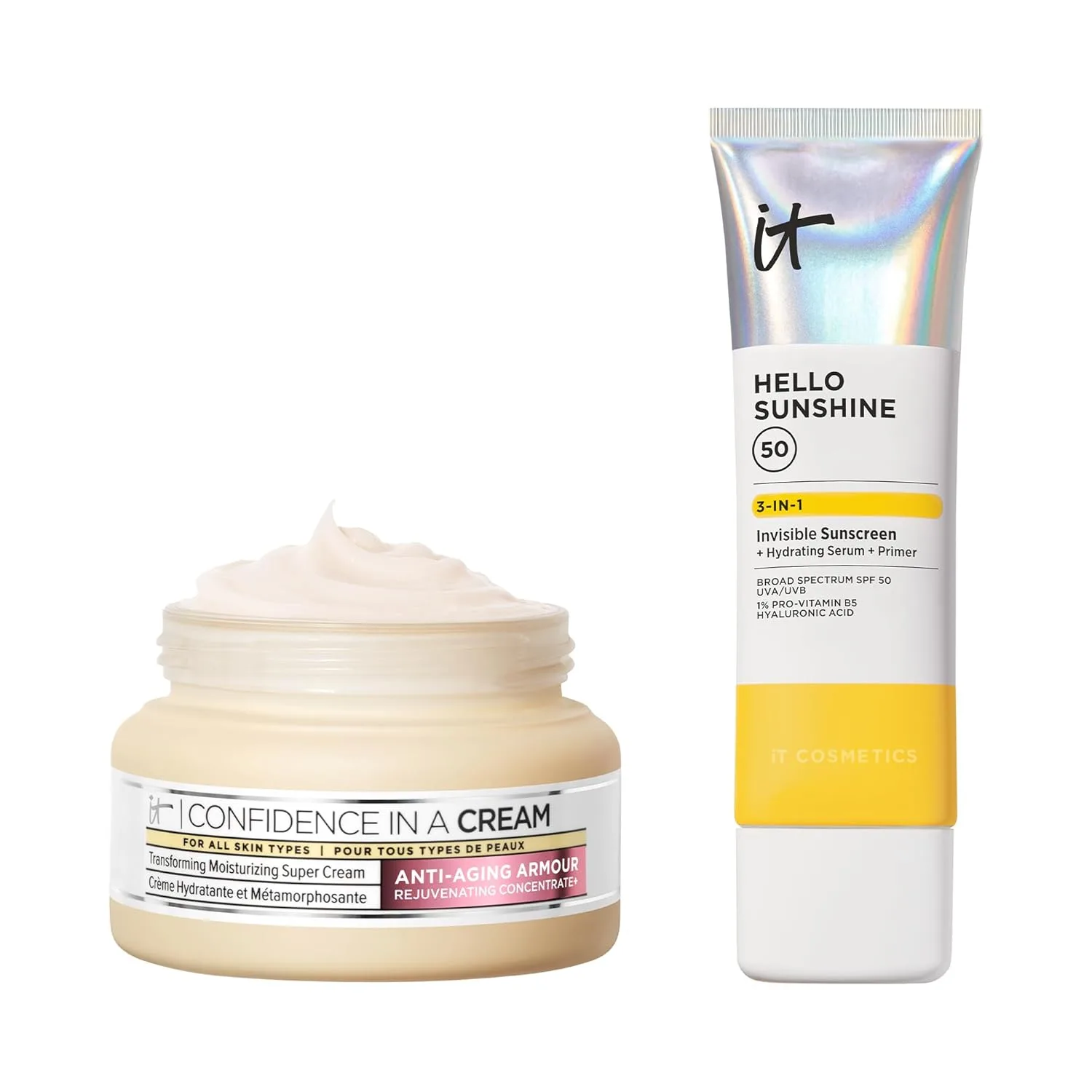 Набор IT Cosmetics Confidence in a Cream & Hello Sunshine SPF 50: увлажняющий крем для лица против старения (60 мл) и невидимый солнцезащитный крем без белого налета (70 мл)., white