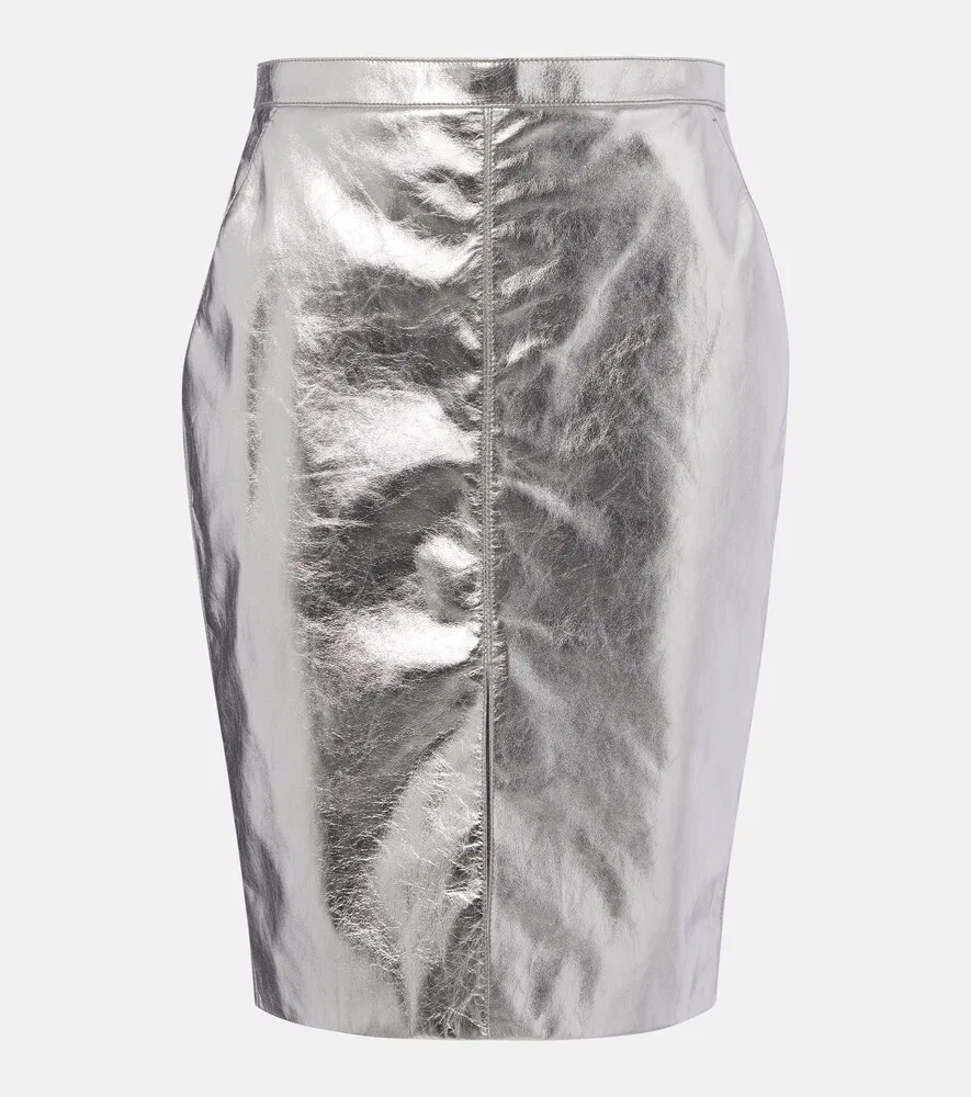 Юбка-карандаш из металлизированной кожи Saint Laurent, серебро
