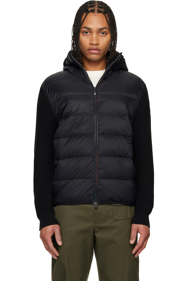 

Утепленная хлопковая толстовка на молнии с пуховым капюшоном Moncler, черный