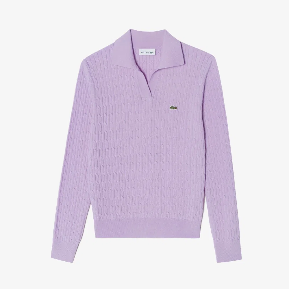 Свитер женский Lacoste с косами, открытый воротник, лавандовый — фото 4