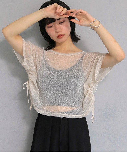 

Топ, прозрачный, с боковыми завязками, из люрекса, цвет слоновая кость, бренд Cheriella