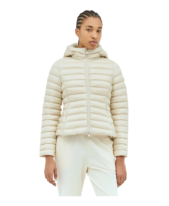 

Стеганый короткий пуховик с капюшоном Moncler, бежевый