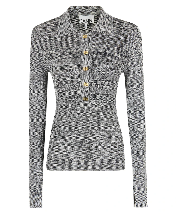 

Полосатая вязаная рубашка-поло Ganni, черный