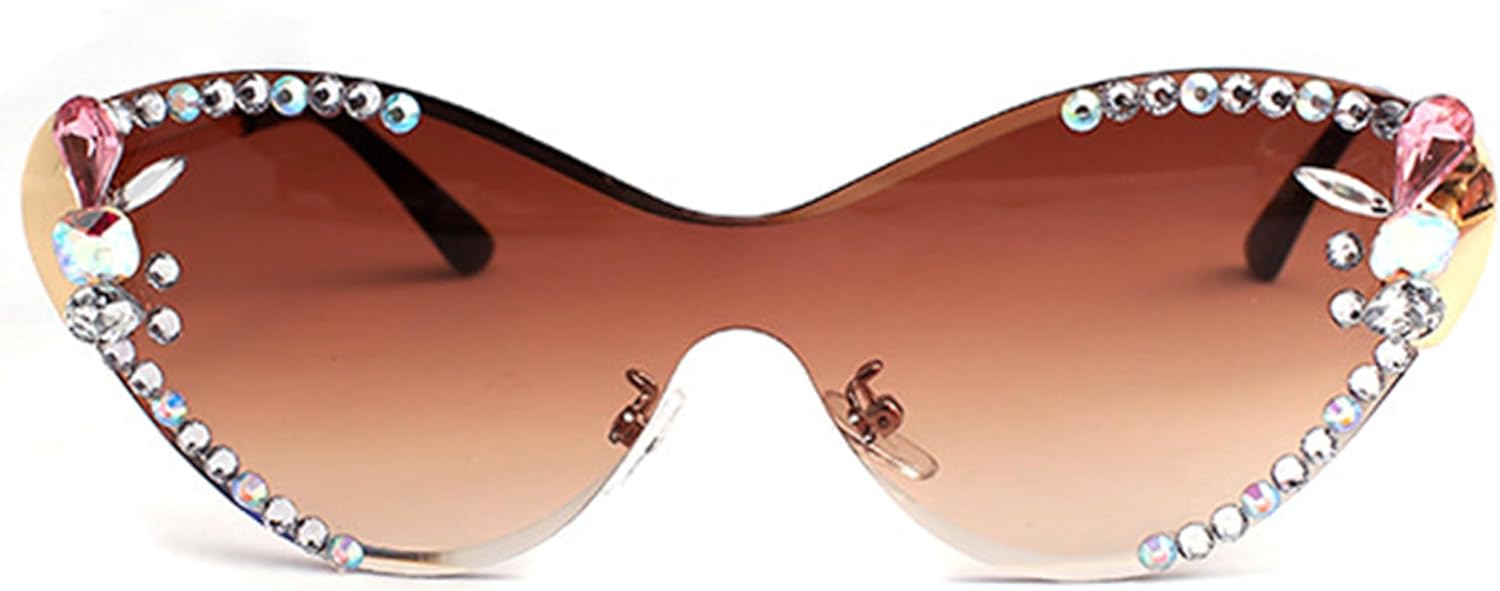 

Женские солнцезащитные очки «Кошачий глаз» с кристаллами, цельные солнцезащитные очки без оправы со стразами, женские бриллиантовые очки для вечеринок bullabulling, Tea