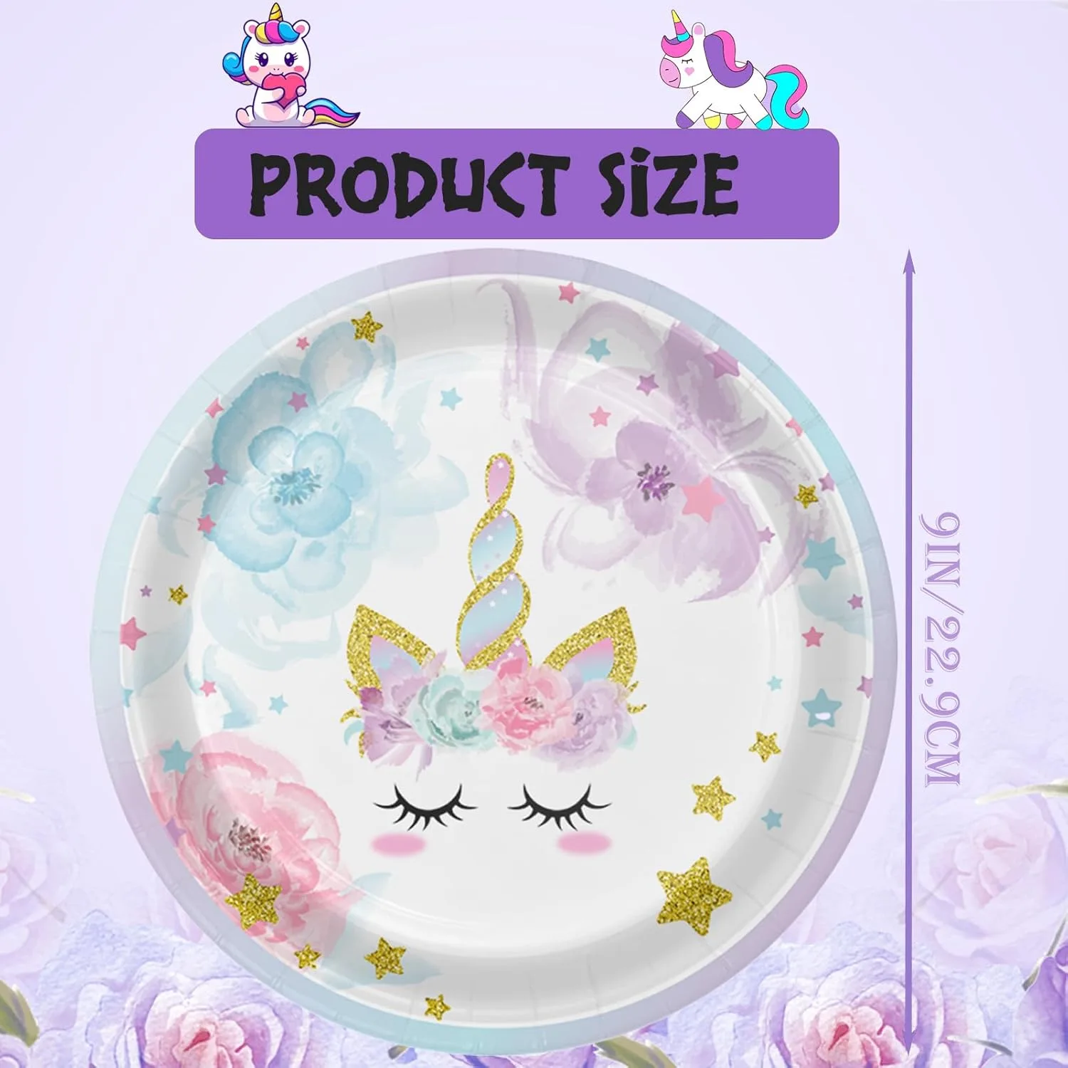 POPOYU Purple Unicorn Бумажные тарелки для детского дня рождения, набор посуды для девичника с тарелками 23 см — фото 2