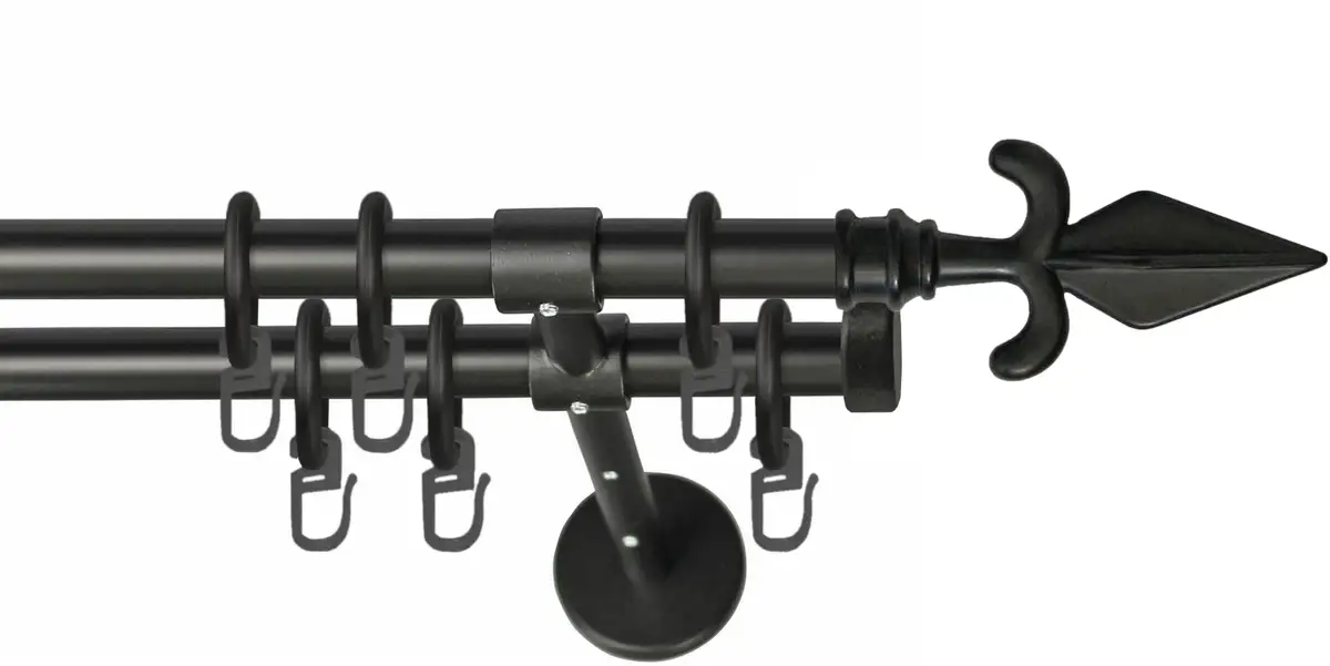 

Карниз GARESA "РУСТИКА", 2 направляющие, желаемая длина, комплект штор в стиле рустик, выдвижной, с кольцами, концевая кнопка стрелка 280 см, Ø16мм, черный