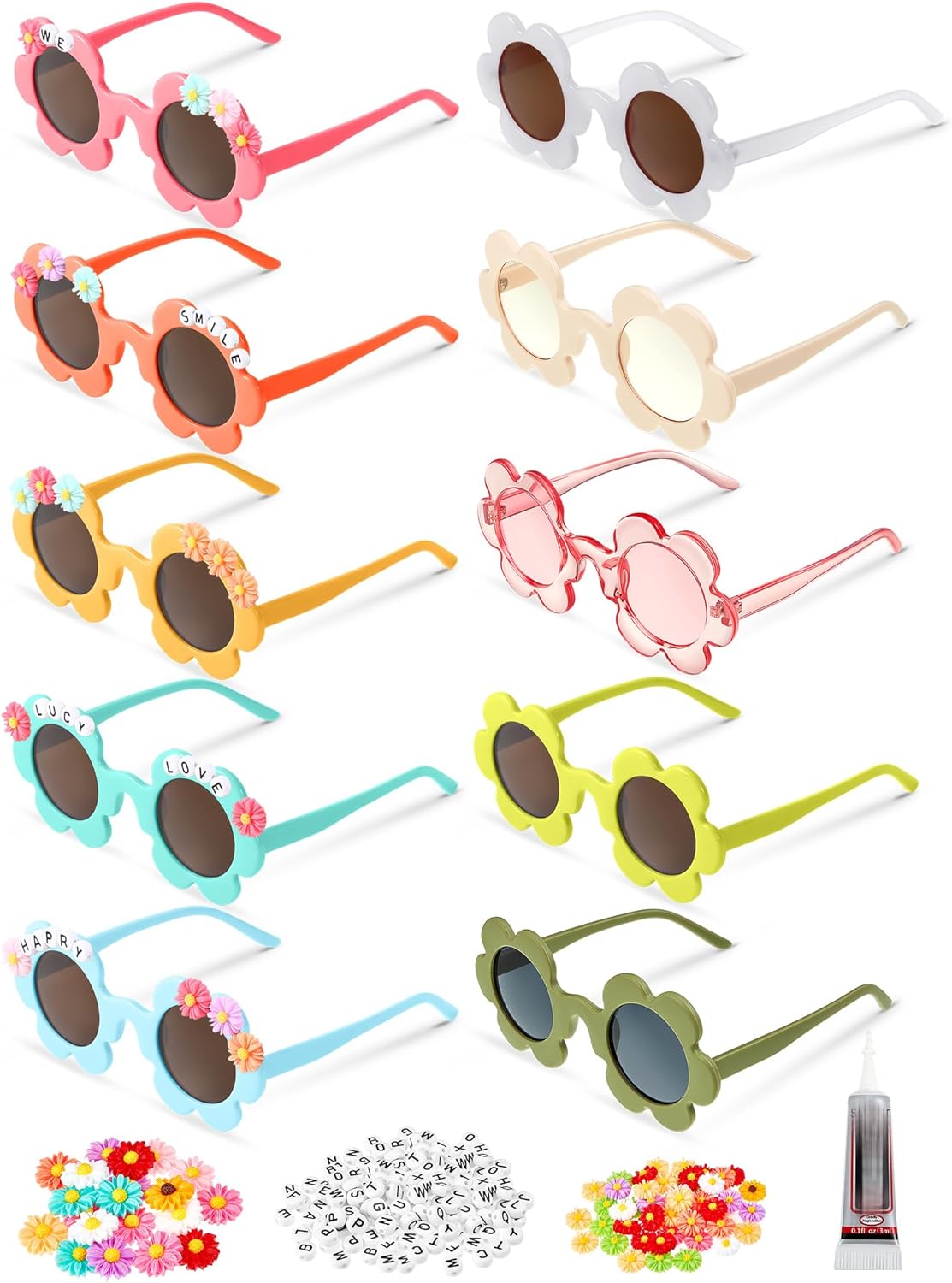 

Солнцезащитные очки Tigeen, 10 пар, размер 5,71 дюйма, для взрослых, с цветочным рисунком, защита от УФ-излучения, 50 подвесок в виде ромашек и 200 случайных бусин в виде букв, Vivid Colors