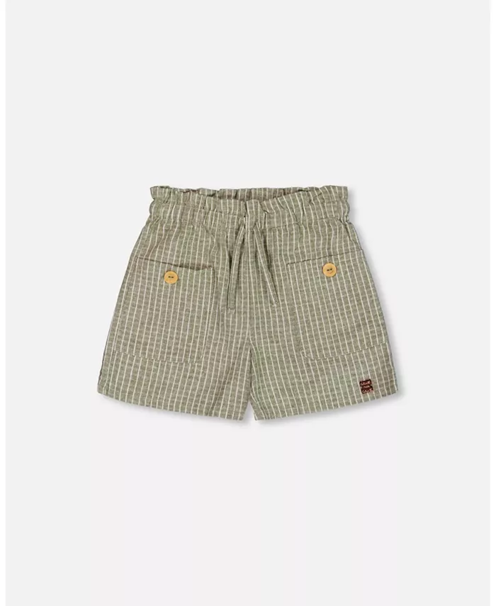 

Детские льняные шорты с карманами для девочек, Medium Green And Cream Striped - Toddler|Child Deux par Deux, зеленый