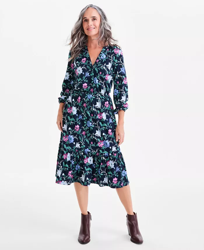 

Платье миди из трикотажного полотна с цветочным принтом Petite Chintz, расклешенное Style & Co, синий