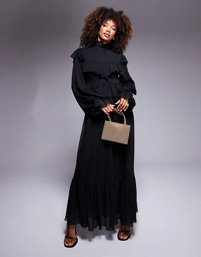 

Платье макси Daska с высоким воротом и оборками, черное