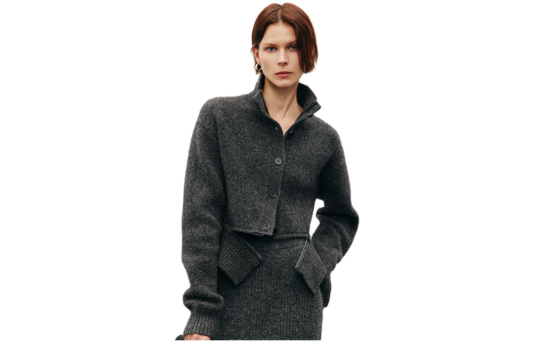 

ELLE Свитер женский серый воротник стойка умеренный кардиган