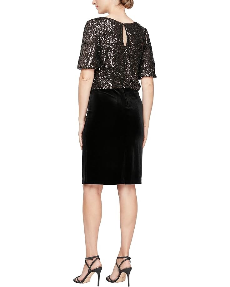 

Платье Alex Evenings Short Blouson Dress with Sequins Bodice and Velvet Slim Skirt, цвет Black/Bronze