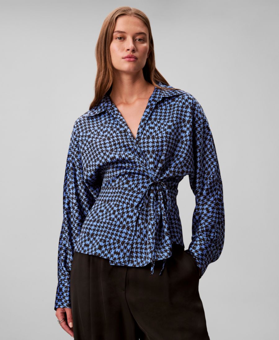 

Женская блузка с длинными рукавами и принтом, с запахом Calvin Klein, Blue/black Print