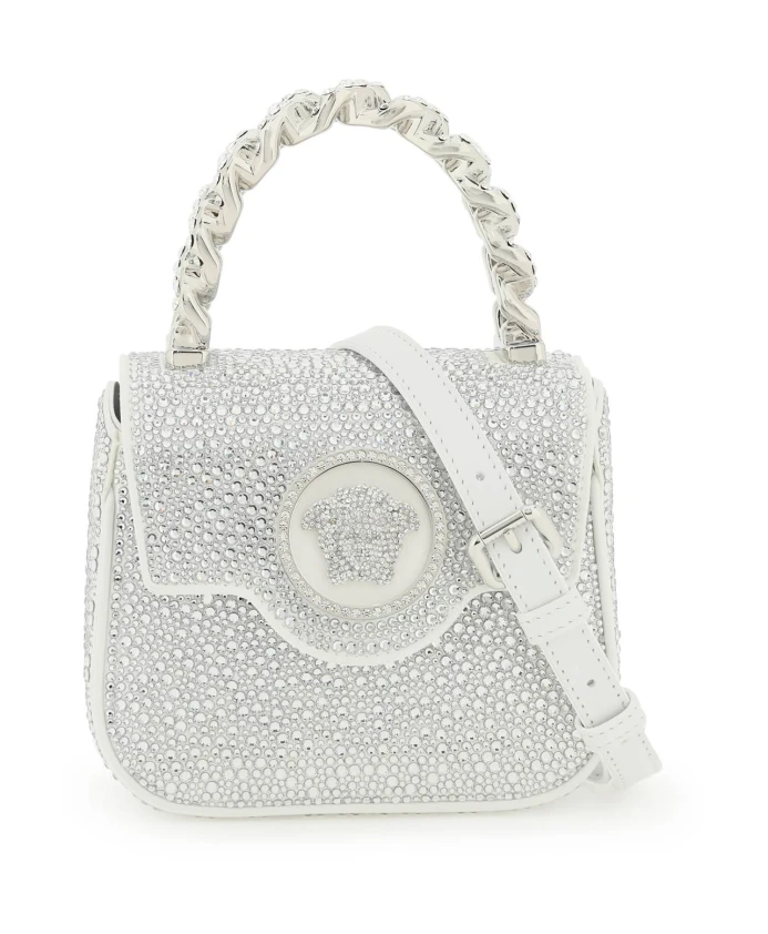

Атласная сумка Medusa инкрустированная кристаллами Versace, серый