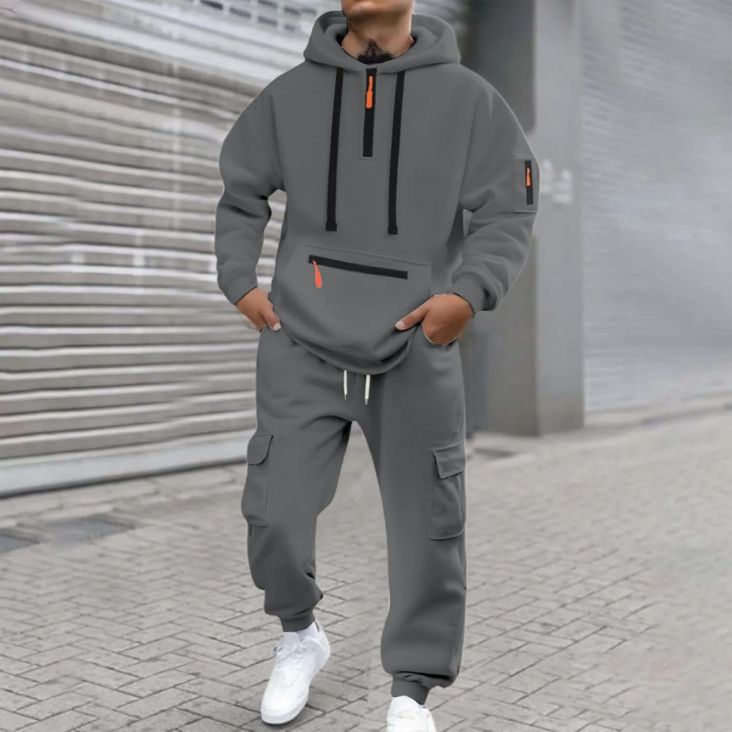 Спортивный сет для мужчин Cargo Workout Outfit Sets 2 Piece с капюшоном, худи и спортивные штаны Casual Generic, Gy1 — фото 2