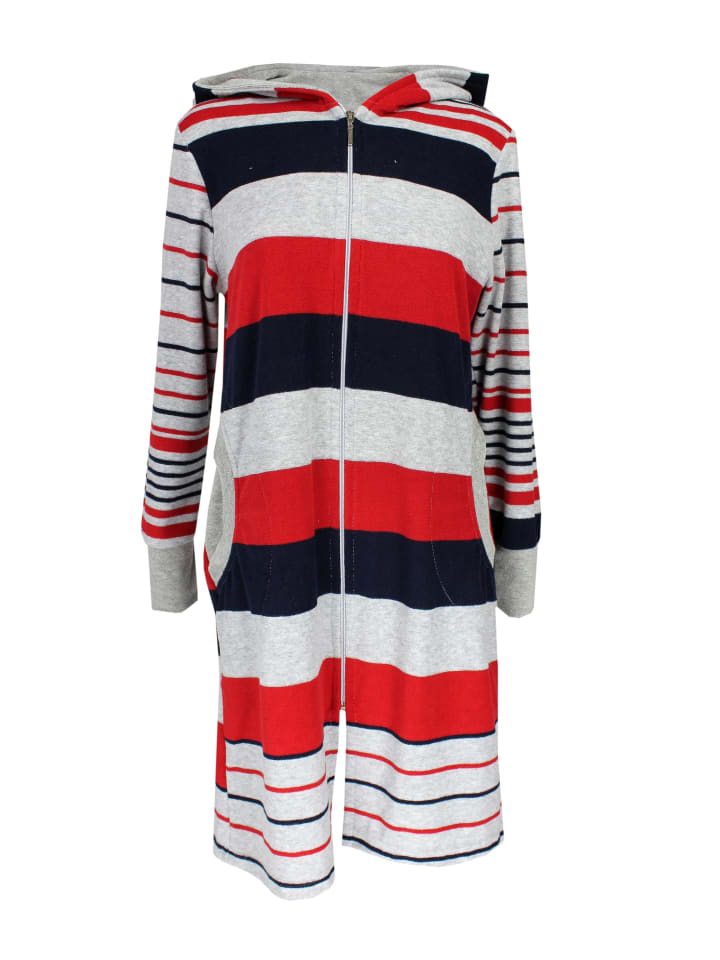 

Aquarti Женский махровый банный халат Aquarti, в полоску, с капюшоном, красно-серый