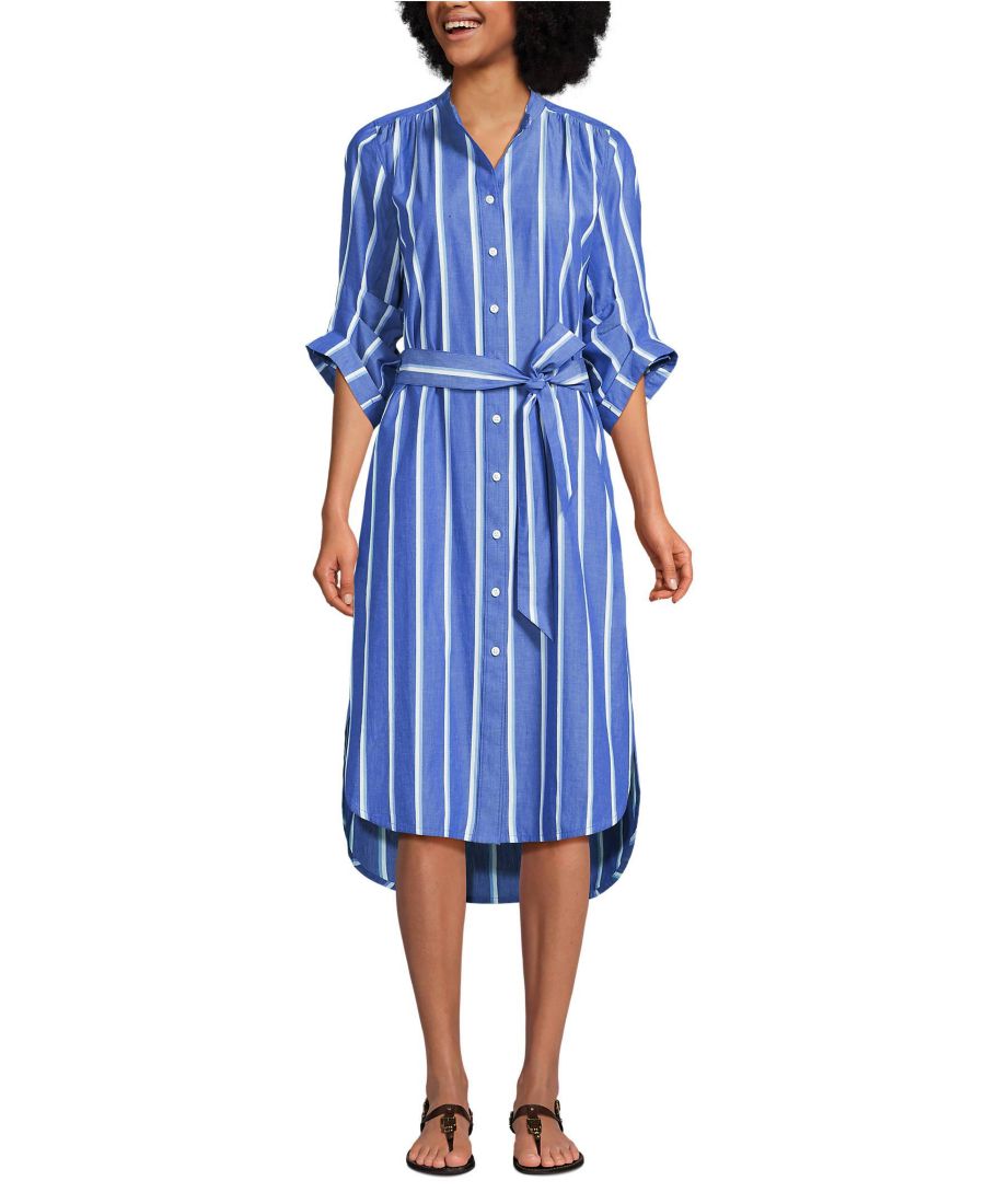 

Женское платье-рубашка миди из поплина с объемными рукавами-фонариками Lands' End, Blue/white shadow stripe