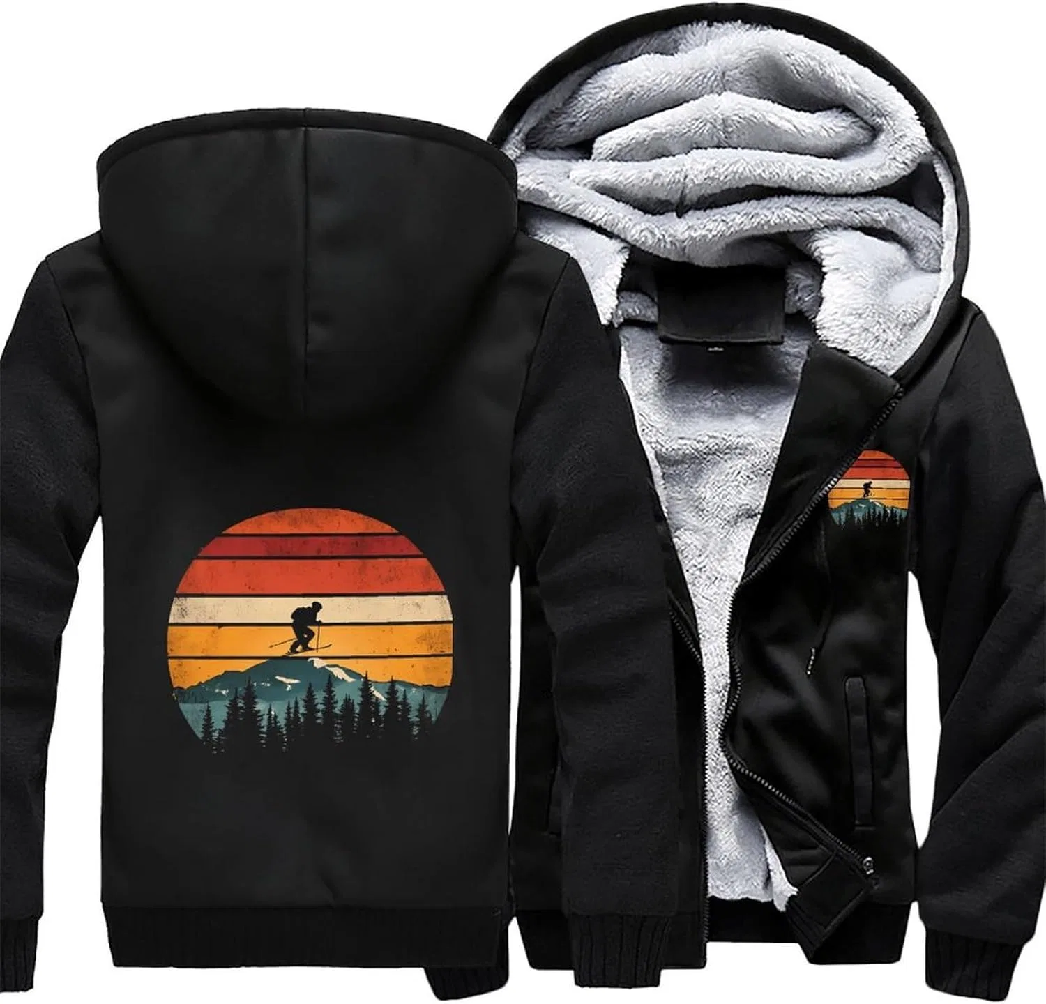 Винтажный худи с капюшоном на молнии для лыжников Vintage Sunset Skiing, флисовая толстовка, зимняя куртка, теплая одежда Generic, черный — фото 3
