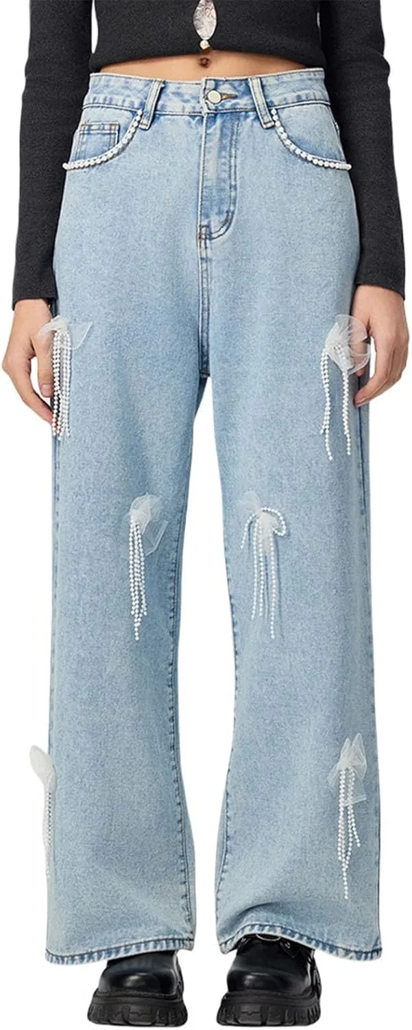 Женские джинсы Bow Wide Leg с высокой посадкой, светлая стирка, с бисерными цепочками