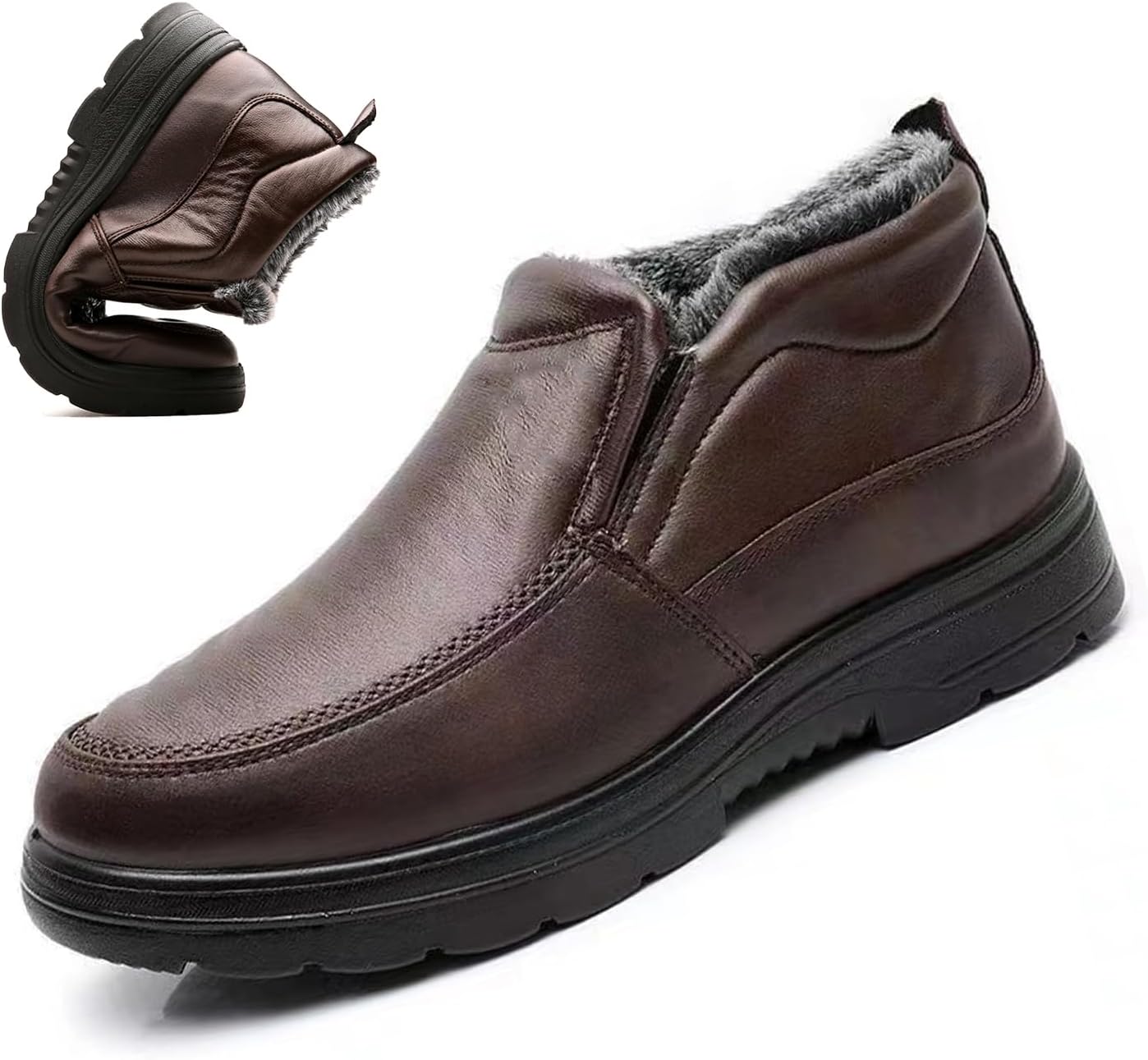 

Мужские зимние слипоны с теплой меховой подкладкой, противоскользящие ботинки, прогулочные лоферы для папы Generic, черный