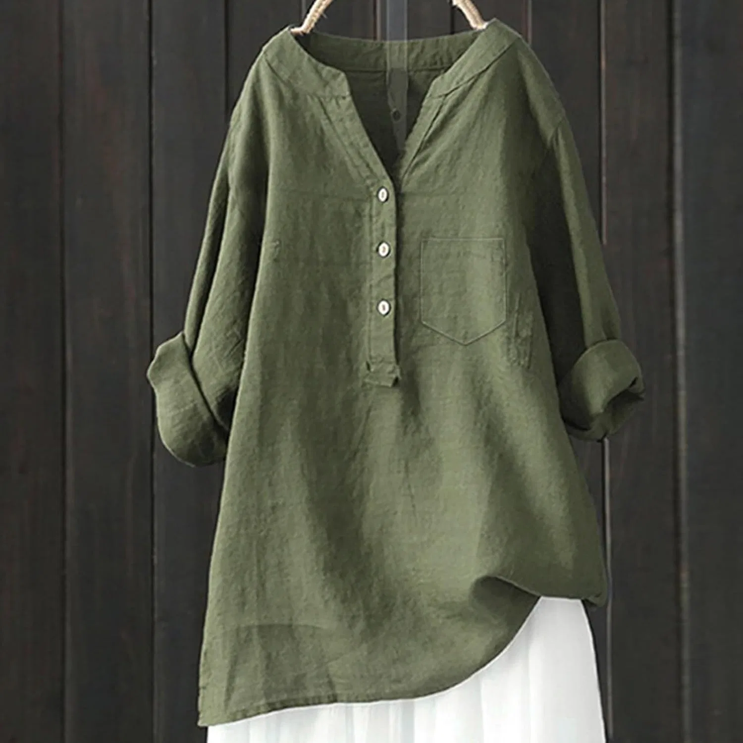 Блуза женская, хлопок и лен, Solid Color, Army Green — фото 2