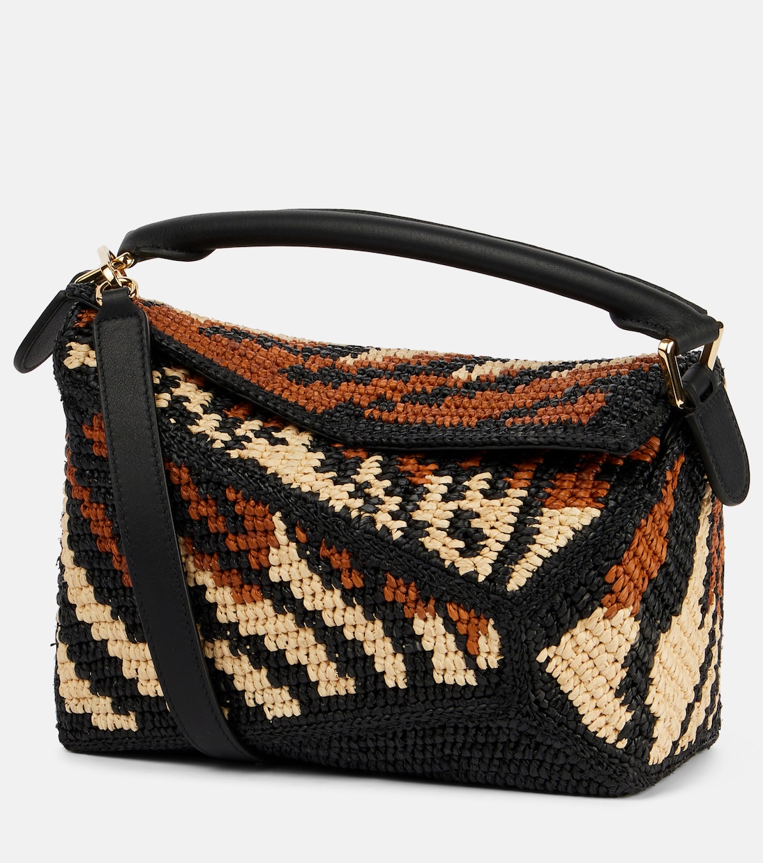 

Paula's Ibiza Puzzle Edge маленькая плечевая сумка Loewe, Black/Honey Gold