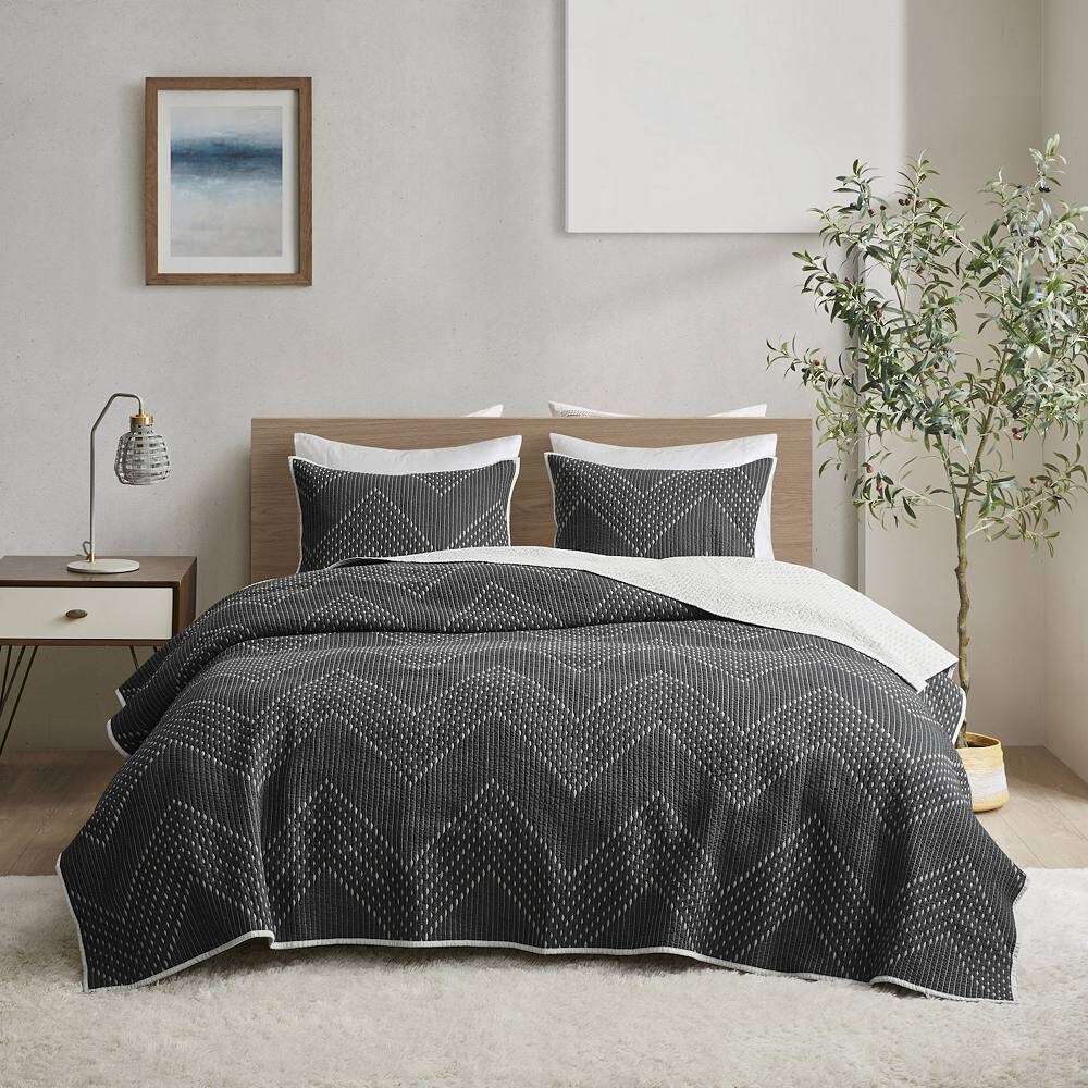 

INK+IVY Pomona Комплект хлопковых одеял из 3 предметов с накладками, черный